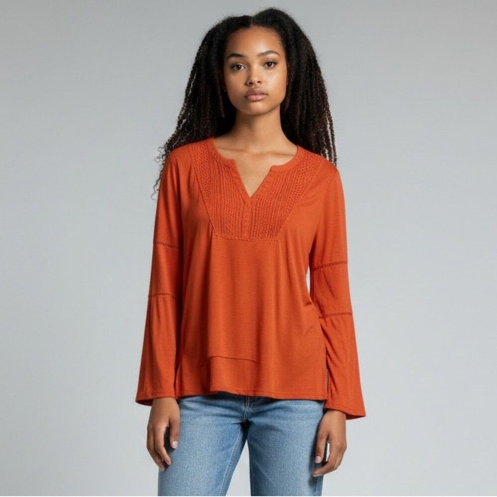 Verve Ami Womens Burnt Orange Blouse Medium Bell Sleeve Lace Boho Tunic Top